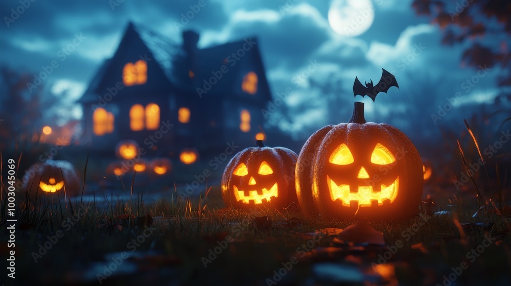 A glowing jack-o'-lantern illuminates a spooky house on a Halloween night under a full moon A glowing jack-o'-lantern illuminates a spooky house on a Halloween night under a full moon