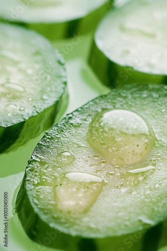Close-up view of fresh cucumber slices with water droplets on a light background