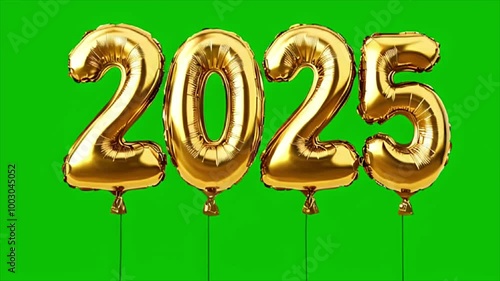 Slow motion of Gold balloons number 2025 against green screen chroma key background. Festive banner events and parties