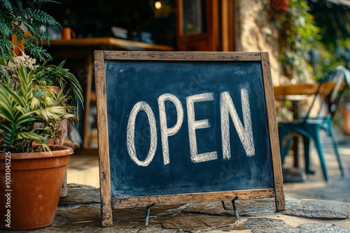 Charming vintage-style “Open” sign displayed on an ornate chalkboard easel, placed on the sidewalk in front of a cozy and eclectic shop.