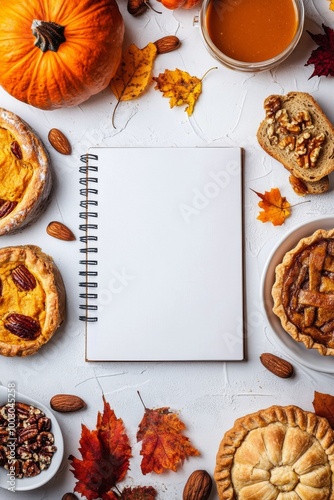 Cozy kitchen with autumn harvest ingredients and a notebook for recipe planning