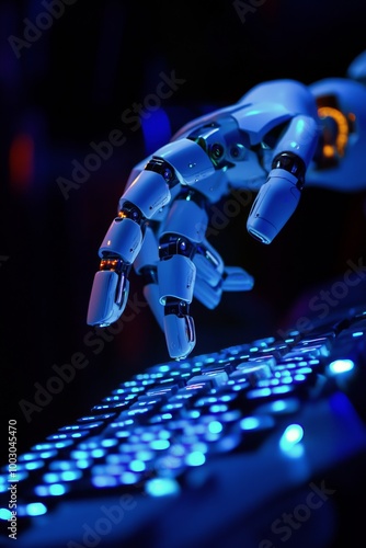 Robotic hand typing on a keyboard in a dimly lit environment at night