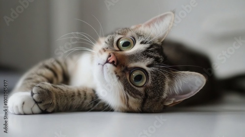 Playful tabby cat relaxing indoors on a sunny afternoon in a cozy home enviro...
