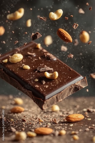 A close-up of floating chocolate bar surrounded by nuts and cocoa on a dark s...