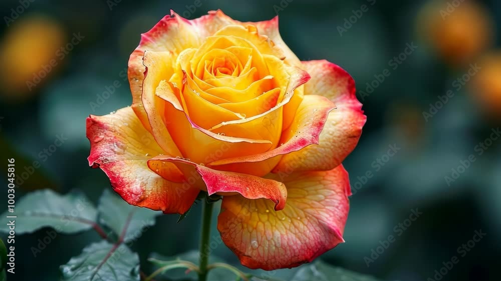 A yellow and red rose blooms in a garden A yellow and red rose blooms in a garden