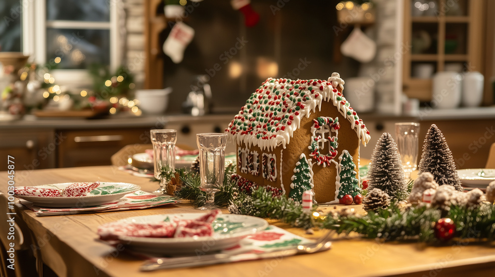 Fototapeta premium Gingerbread house on festive Christmas dining table with elegant holiday place settings and seasonal decor. Christmas celebrations or home holiday gatherings. Image made using Generative AI