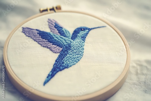Blue-toned hummingbird needlework design