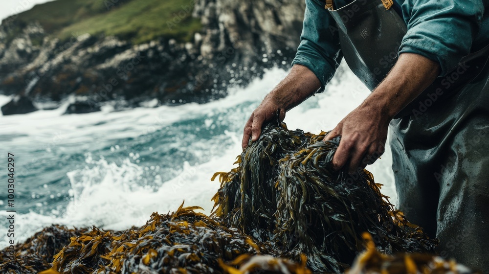 Obraz premium A fisherman is busy harvesting seaweed from the rocky shoreline, skillfully collecting the vibrant green algae as waves crash around him. The rugged coast provides a breathtaking backdrop