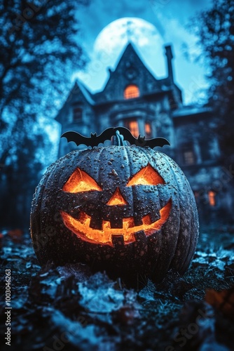 A glowing pumpkin lantern on a foggy Halloween night near an old haunted house