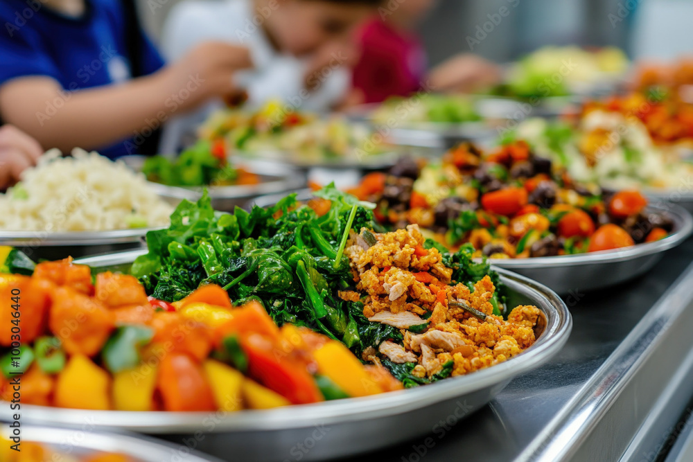 A scene of a school cafeteria with children enjoying a variety of healthy lunch choices, highlighting diversity and nutrition in meal options A scene of a school cafeteria with children enjoying a variety of healthy lunch choices, highlighting diversity and nutrition in meal options