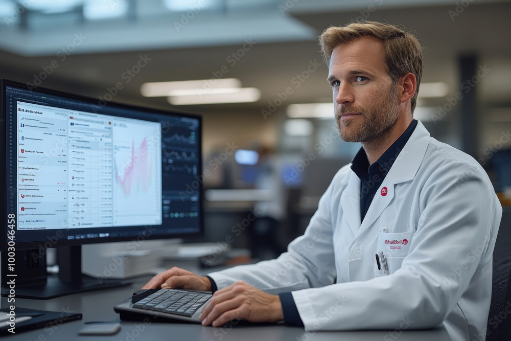 A secure digital health record interface on a computer screen, showcasing patient history and analytics A secure digital health record interface on a computer screen, showcasing patient history and analytics