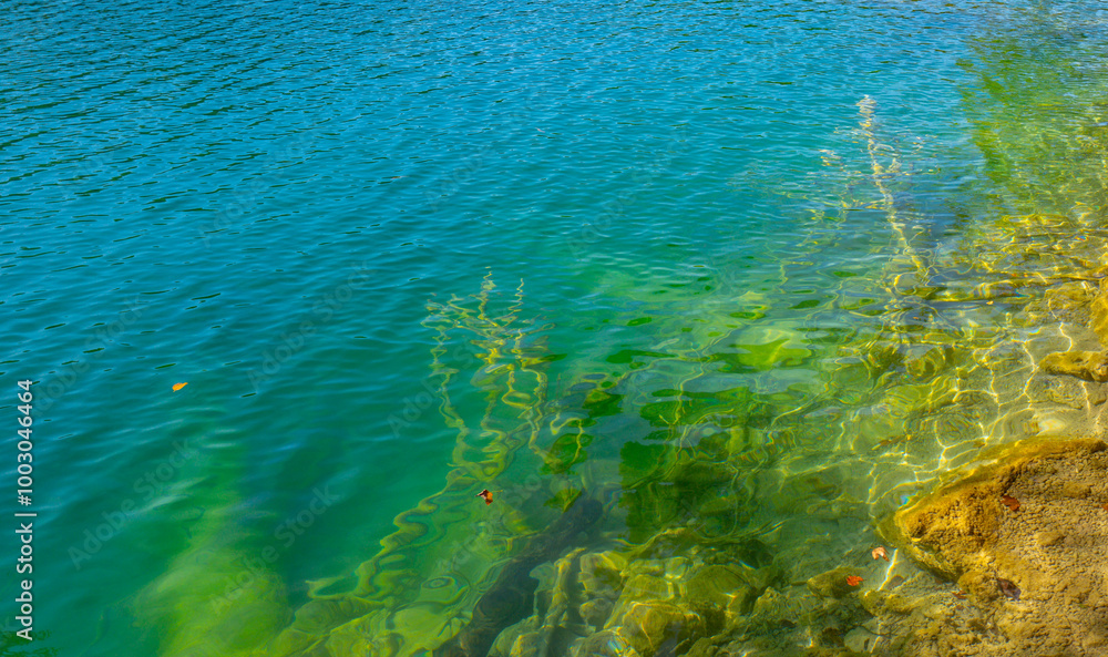 Fototapeta premium Blue Pond with tranquil transparent waters in the background. Beautiful nature lake. Landscape Reflection off of a clear lake water surface on a bright sunny day. Calm river in the forest.