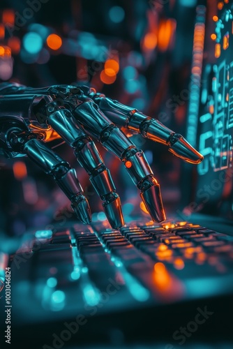 Robotic hand typing on a keyboard in a dimly lit environment at night