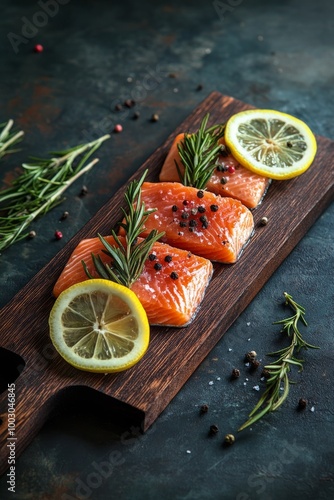 Fresh salmon fillets arranged on a wooden cutting board, garnished with herbs...