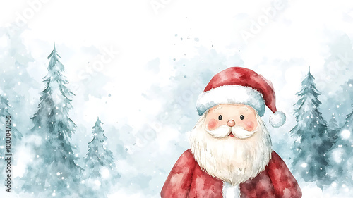 A simple watercolor illustration of a cute Santa Claus with a soft winter forest background, in minimal style. Perfect for children's book or Christmas card aesthetics, with copy space for text. 