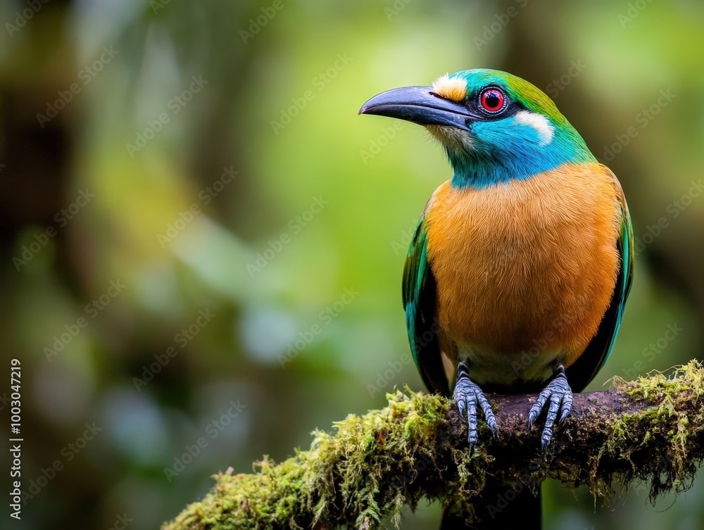Obraz premium An exquisite bird perches quietly in a lush forest setting, exhibiting the serene beauty and diversity of the natural world and its undisturbed wildlife habitats.