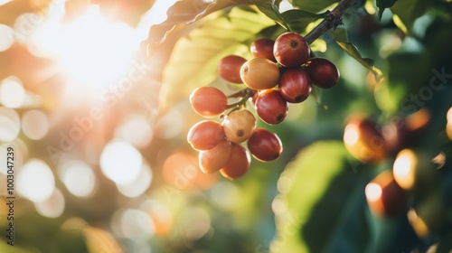Fresh coffee cherries ripening on a coffee plant in sunlight during the harve...