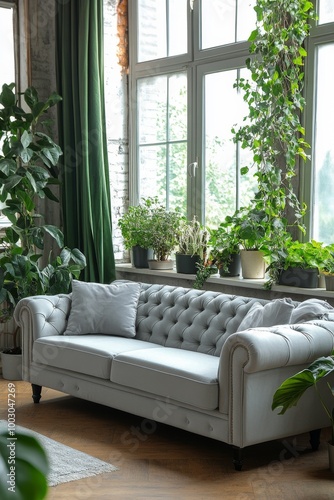 Cozy living room with a gray sofa and vibrant indoor plants offering a serene...
