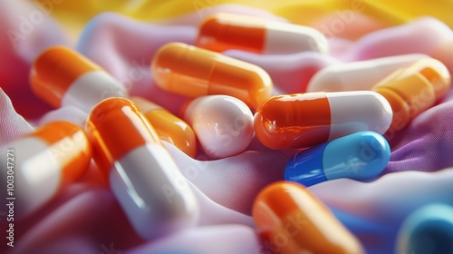 Colorful assortment of capsules and tablets on a textured surface in a close-...