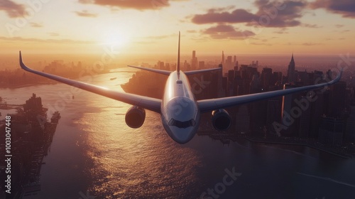 Aerial view of a commercial airplane flying over a city skyline during sunset
