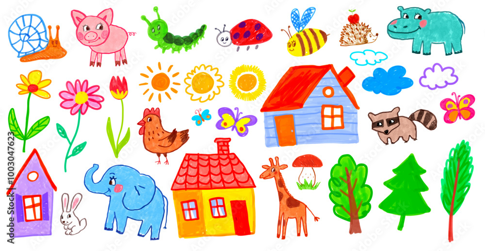 Obraz premium Felt pen hand drawn vector illustrations collection of child drawings and doodles