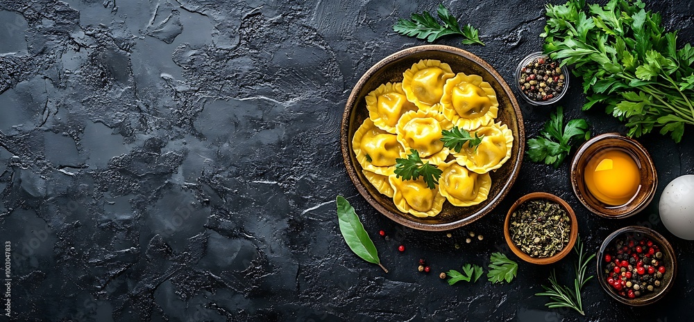 Fresh ravioli on black background with ingredients for cooking. Fresh ravioli on black background with ingredients for cooking.