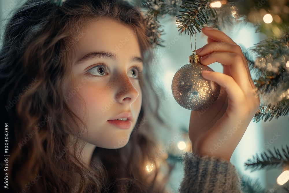 Naklejka premium A girl with curly hair gently places a decorative ornament on a festive Christmas tree adorned with soft lights
