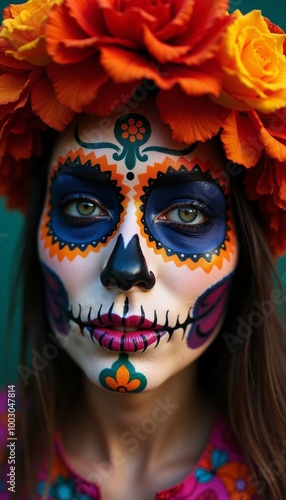 Vibrant calavera sugar skull woman adorned with flowers against a lush greenery background in close-up portrait