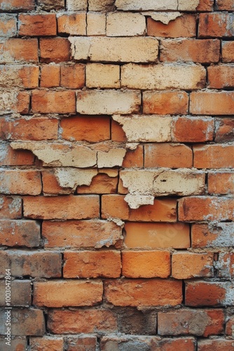 Textured brick wall with weathered mortar and peeling plaster in an urban set...