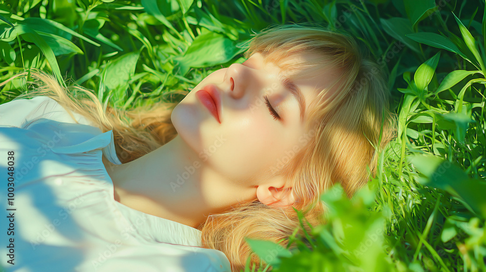 young woman laying and relaxing in the grass, peaceful expression young woman laying and relaxing in the grass, peaceful expression