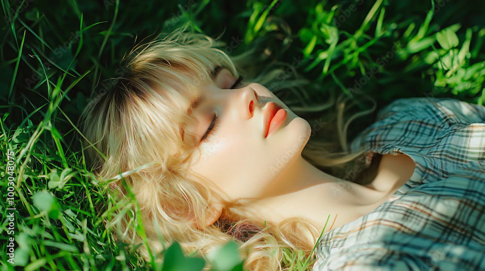 Naklejka premium young woman laying and relaxing in the grass, peaceful expression 