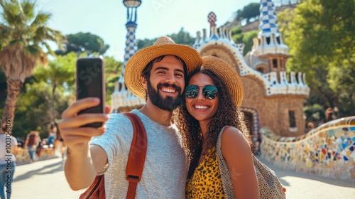 Travel couple happy making selfie portrait with smartphone in Park Guell, Barcelona, Spain. Generative Ai content.