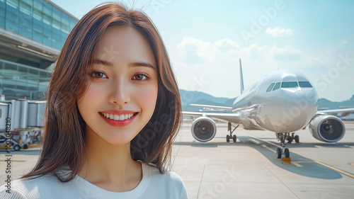 Asian woman smiling in front of a passenger plane at the airport.cheerful expression 