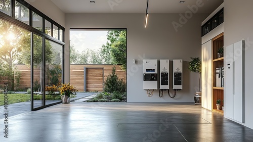 Wallpaper Mural Illustration of home battery packs mounted on the wall of a sleek, modern garage, representing an alternative electric energy storage system focused on backup power Torontodigital.ca