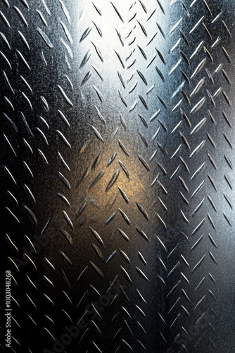 Close-up view of textured metal sheet with diamond pattern and reflective sur...