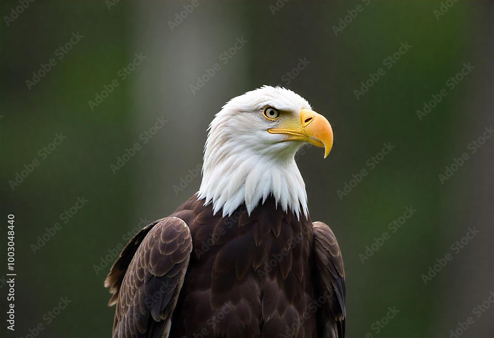 A bald eagle with a white head and tail, brown body, and a large yellow beak perched against a blurred natural background A bald eagle with a white head and tail, brown body, and a large yellow beak perched against a blurred natural background