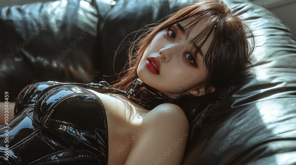 young Asian woman wearing baddie leather outfits lying back down playfully on a cozy sofa young Asian woman wearing baddie leather outfits lying back down playfully on a cozy sofa