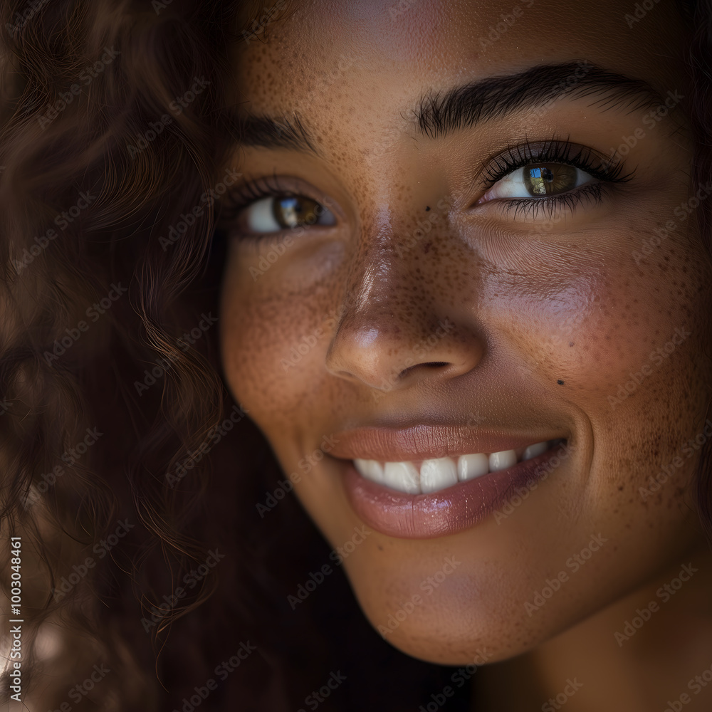 Woman with curly hair, freckles, radiant smile, and flawless warm complexion. Woman with curly hair, freckles, radiant smile, and flawless warm complexion.