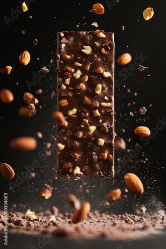 A close-up of floating chocolate bar surrounded by nuts and cocoa on a dark s...
