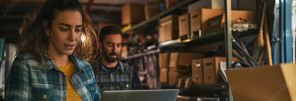 Diverse Small Business Partners Working in Home Garage And Talking. Hispanic Female Manager Filling Online Orders On Laptop. Two Caucasian Friends Packing Products In Boxes For Delivery To Customers. Diverse Small Business Partners Working in Home Garage And Talking. Hispanic Female Manager Filling Online Orders On Laptop. Two Caucasian Friends Packing Products In Boxes For Delivery To Customers.