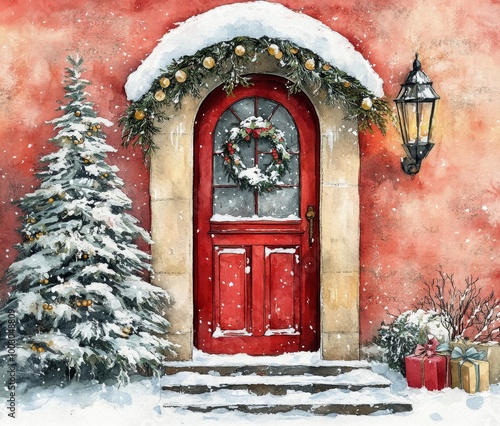 Cheerful red door decorated for Christmas with snow-covered tree and lanterns...