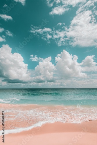 Tranquil beach with gentle waves and fluffy clouds under a bright blue sky on...