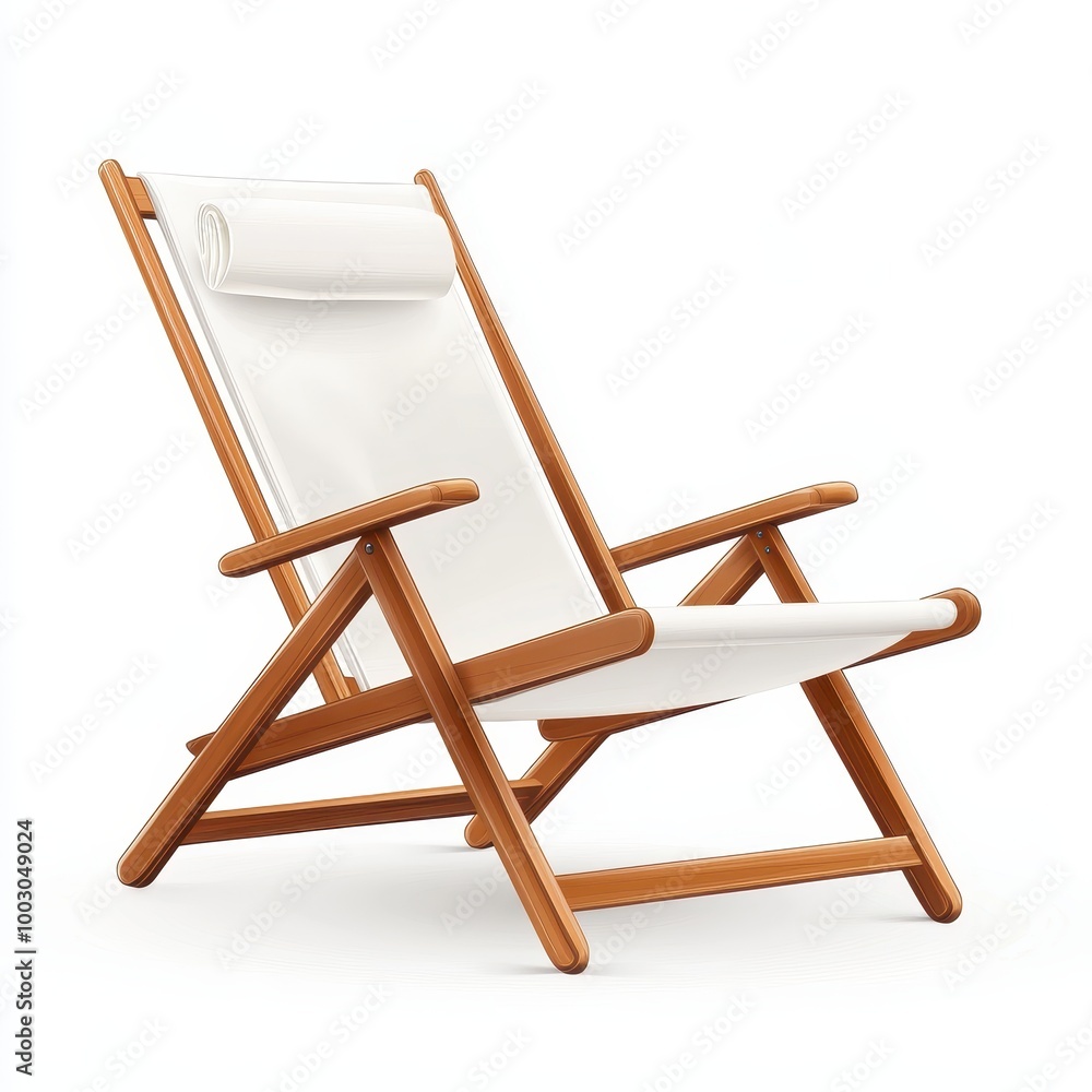 Stylish wooden deck chair designed for relaxation, featuring a sleek white fabric perfect for outdoor lounging, white background Stylish wooden deck chair designed for relaxation, featuring a sleek white fabric perfect for outdoor lounging, white background