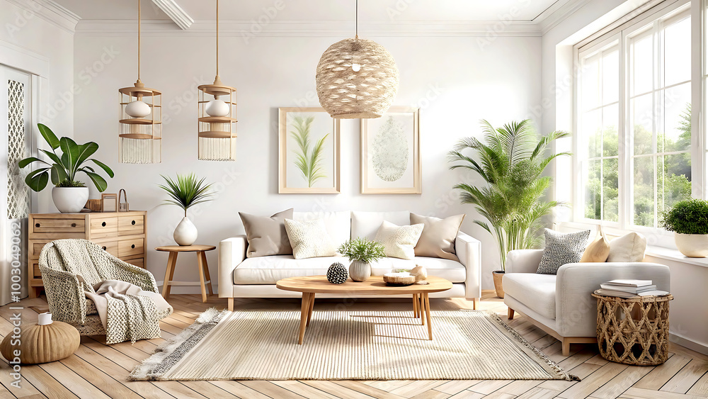 Light and spacious bohemian living room, Scandi–Boho style, 3d render, white Mock up frame Light and spacious bohemian living room, Scandi–Boho style, 3d render, white Mock up frame