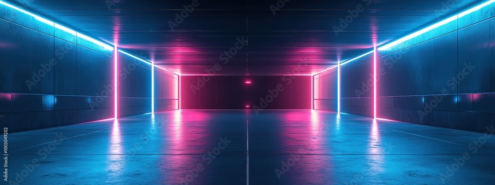 Fototapeta premium Background neon 3d room light dark empty abstract stage floor. Neon wall 3d background space interior modern showroom blue warehouse future technology studio garage render hall tunnel concrete car led