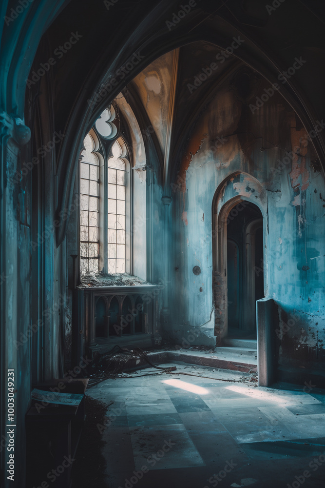 An abandoned, dimly lit interior of a gothic-style building. The walls are peeling and stained. Sunlight filters through a large, arched window, casting soft shadows on the floor. An abandoned, dimly lit interior of a gothic-style building. The walls are peeling and stained. Sunlight filters through a large, arched window, casting soft shadows on the floor.