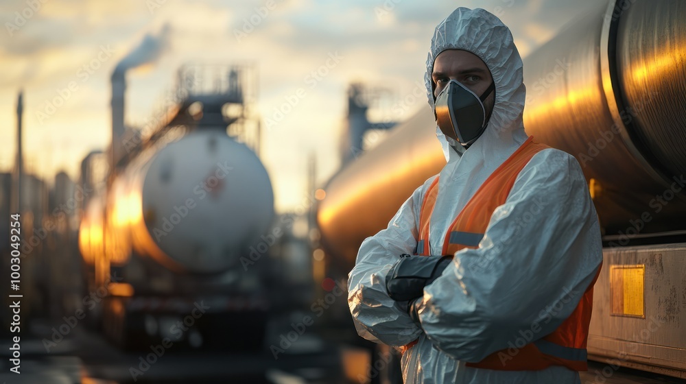 worker in protective gear standing in front of an industrial tanker truck worker in protective gear standing in front of an industrial tanker truck