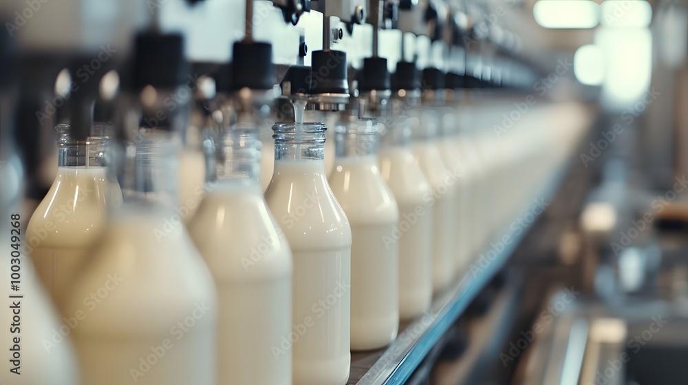 Machine filling bottles with plant based milk in a clean, automated facility, automation, dairy alternatives Machine filling bottles with plant based milk in a clean, automated facility, automation, dairy alternatives