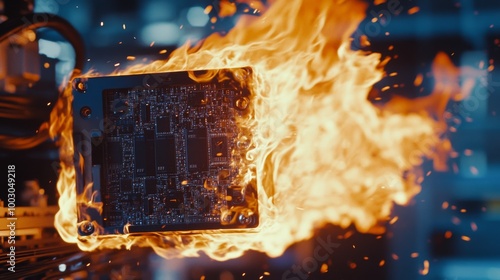 Fire erupting from a server rack in a large data center with glowing lights i...