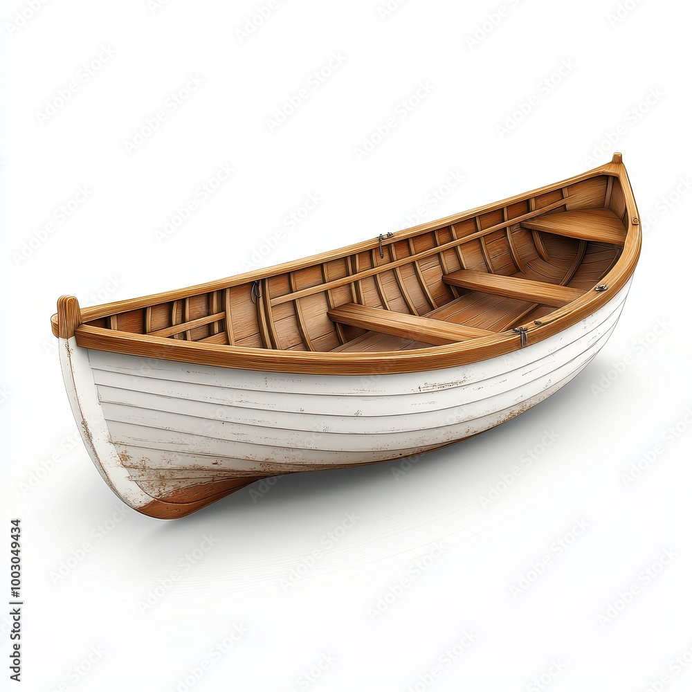 A rustic wooden boat with a sleek design, perfect for tranquil waters or maritime-themed decor, white background A rustic wooden boat with a sleek design, perfect for tranquil waters or maritime-themed decor, white background